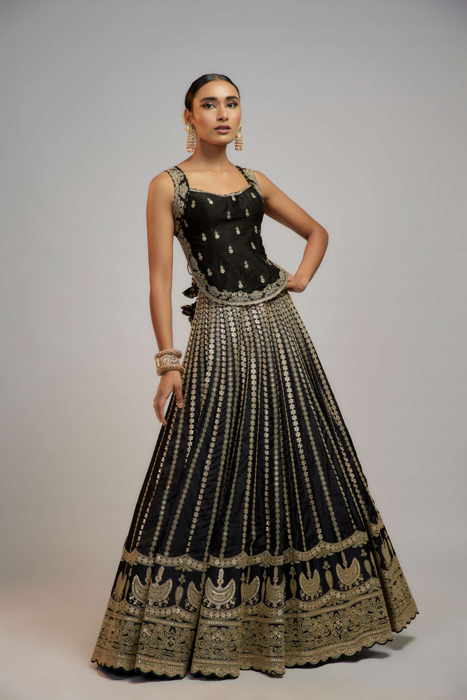 Black Golconda kriti lehenga set- front view