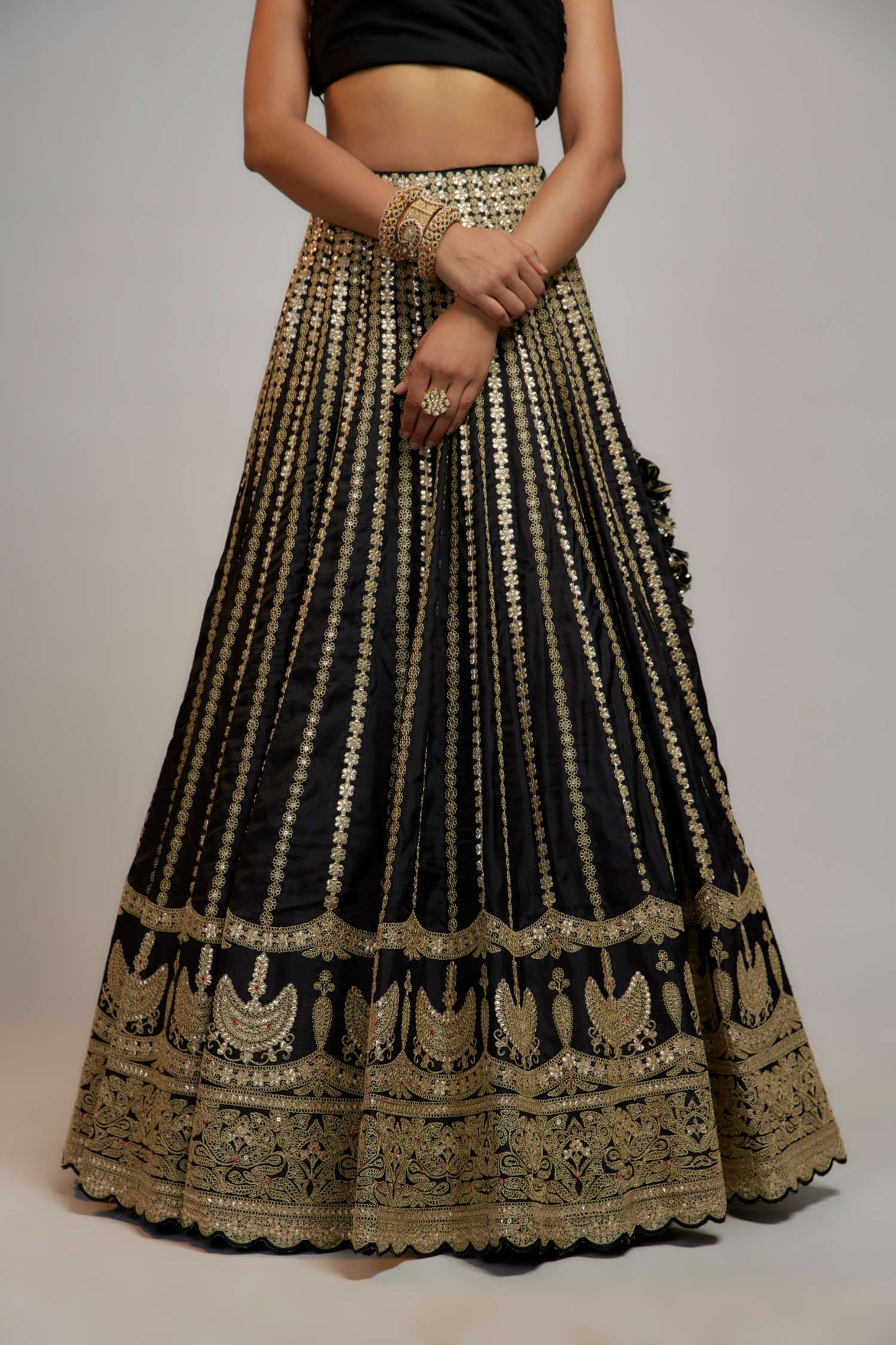 Black Golconda kriti lehenga set- close view