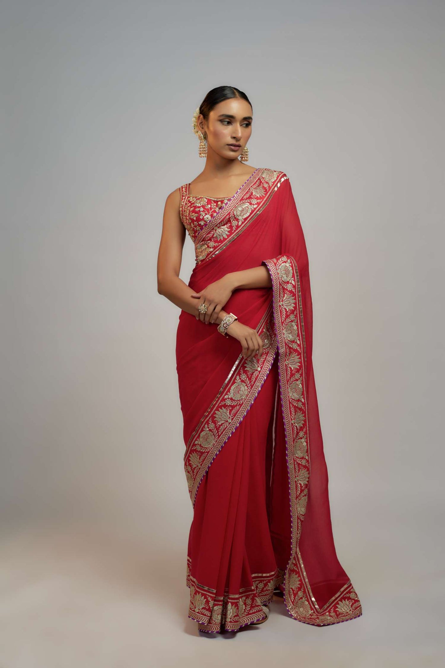 Red Golconda Vidhi Saree Set- front view