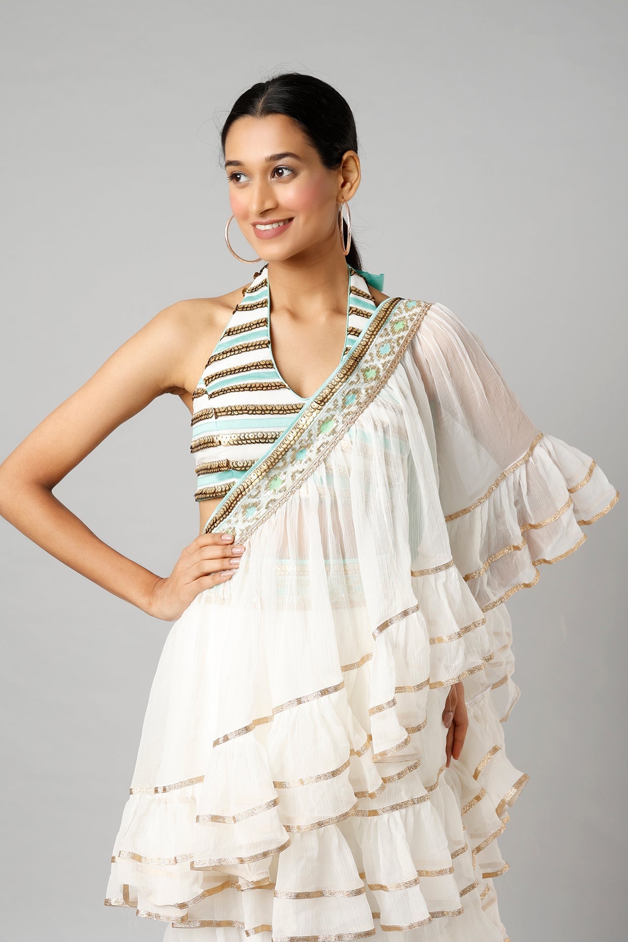 White Idris frill Saree Set- front view