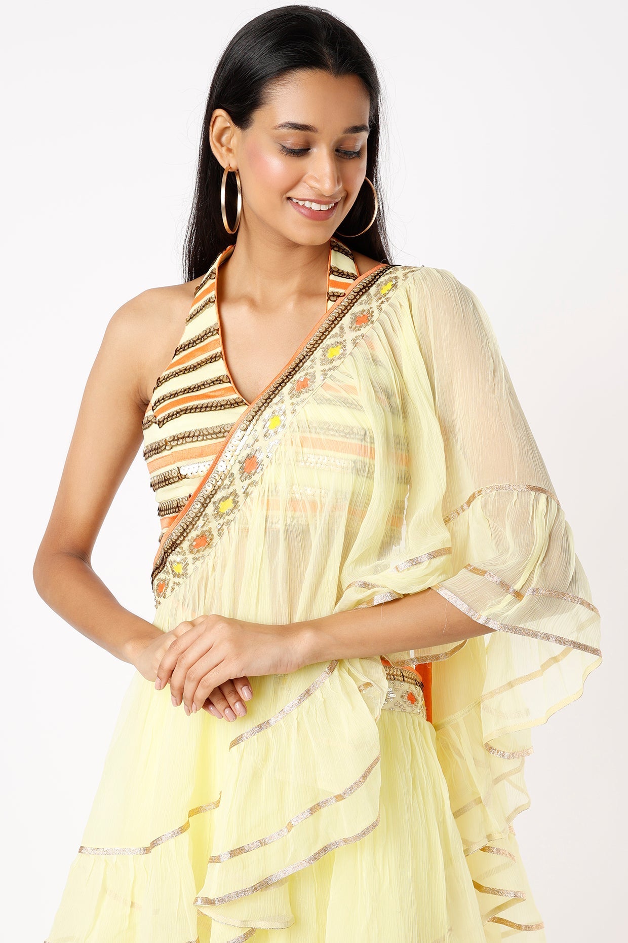 Yellow Idris frill Saree Set- front view