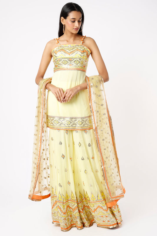 Women's Yellow Asmaa Gathered Sharara set | Gopi Vaid