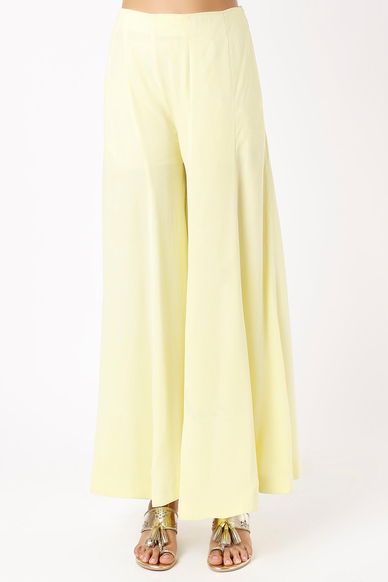 Yellow Mariya one shoulder with plain pants - close view