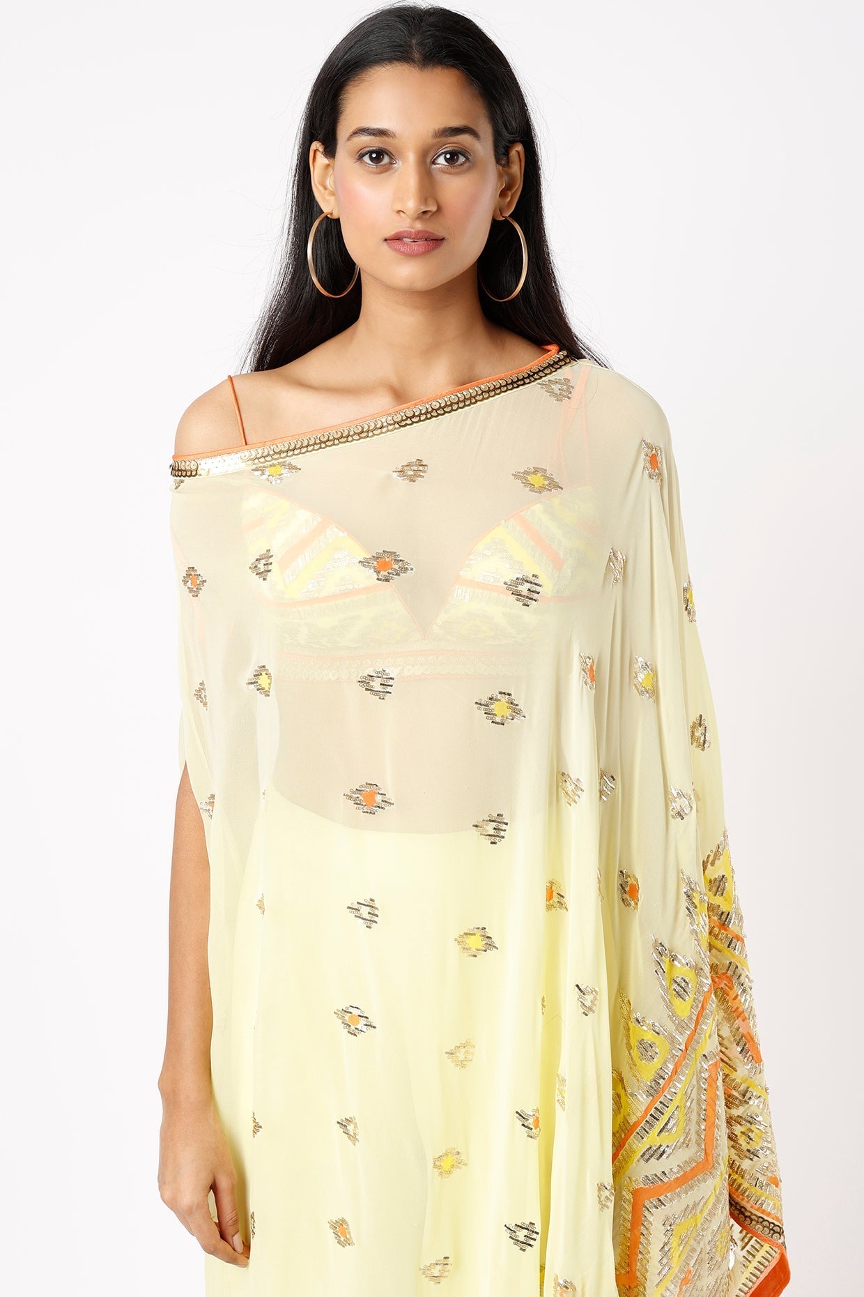 Yellow Mariya one shoulder with plain pants - front view