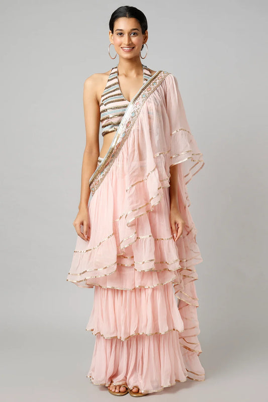 Blush Pink Idris frill Saree- front view