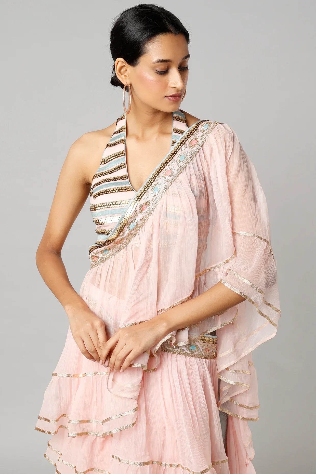 Blush Pink Idris frill Saree- front view