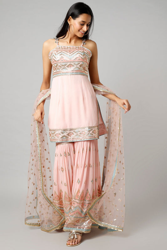 Women's Blush Pink Asmaa Gathered Sharara set | Gopi Vaid