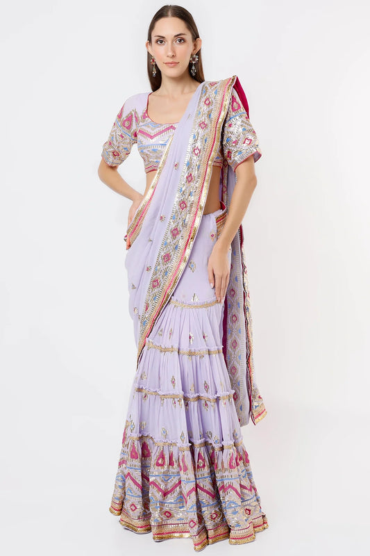 Fez Saree With Embroidered Sleeveless Blouse- front view