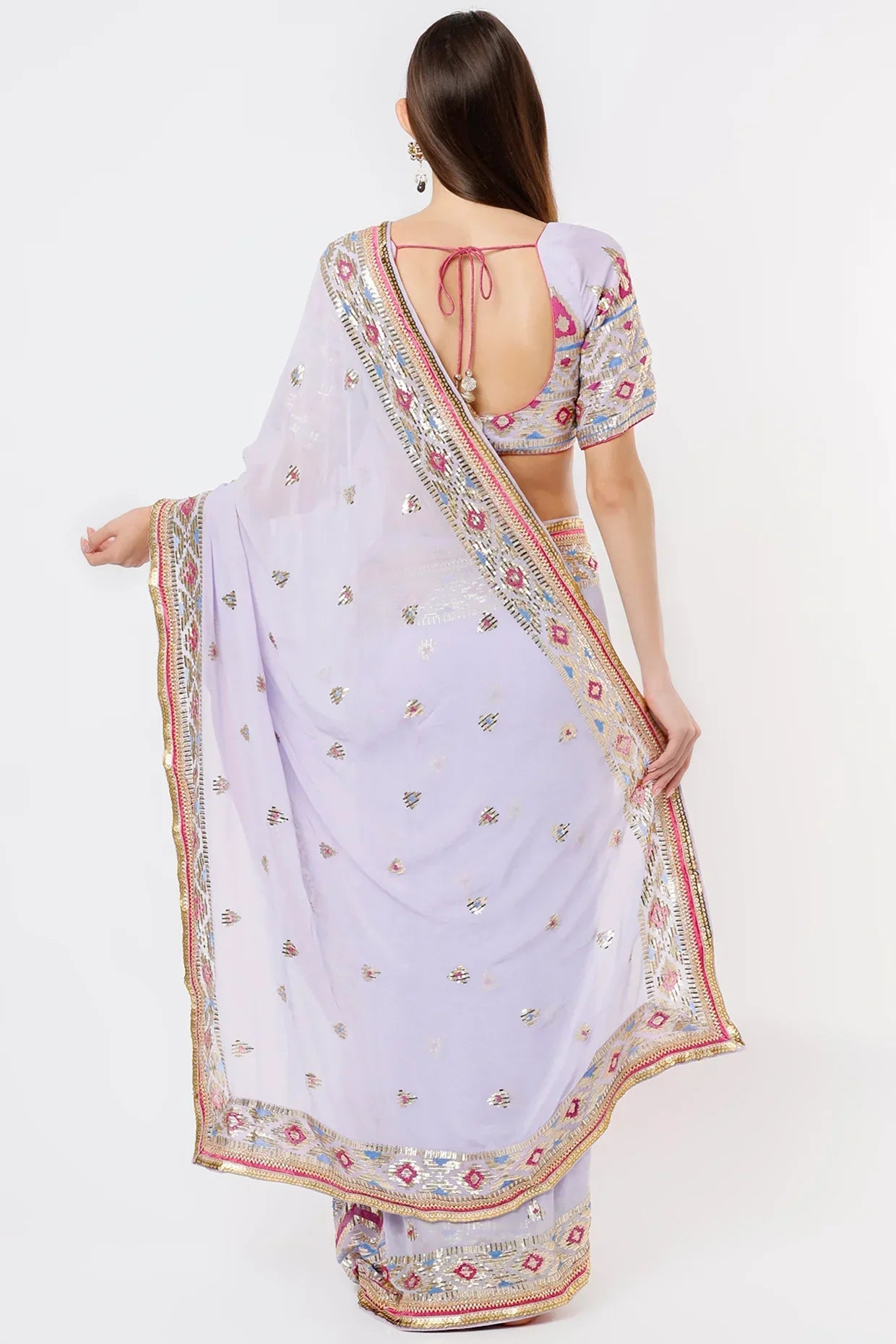 Fez Saree With Embroidered Sleeveless Blouse- back view