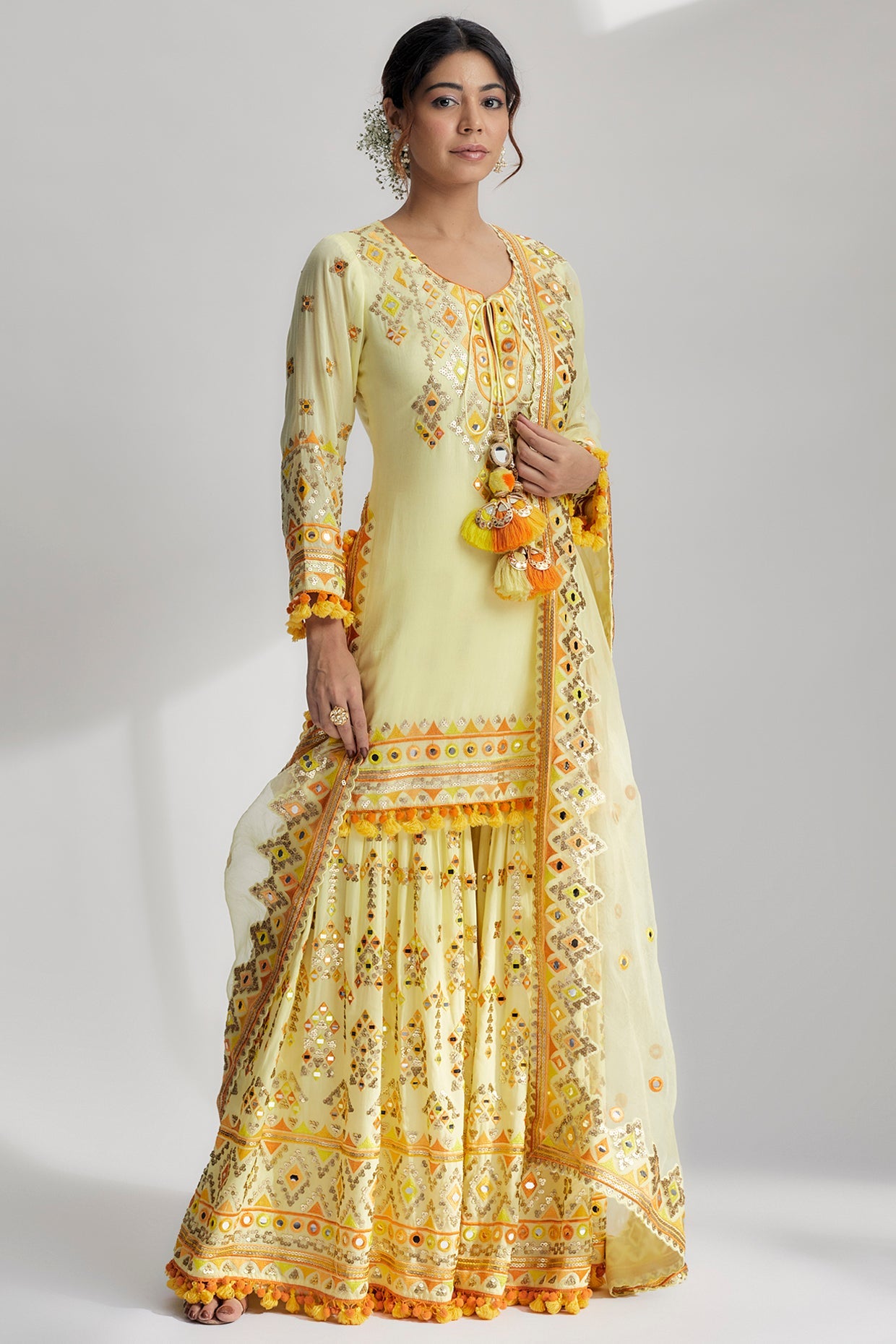 Yellow Friya Short Kurta Sharara Set- front view