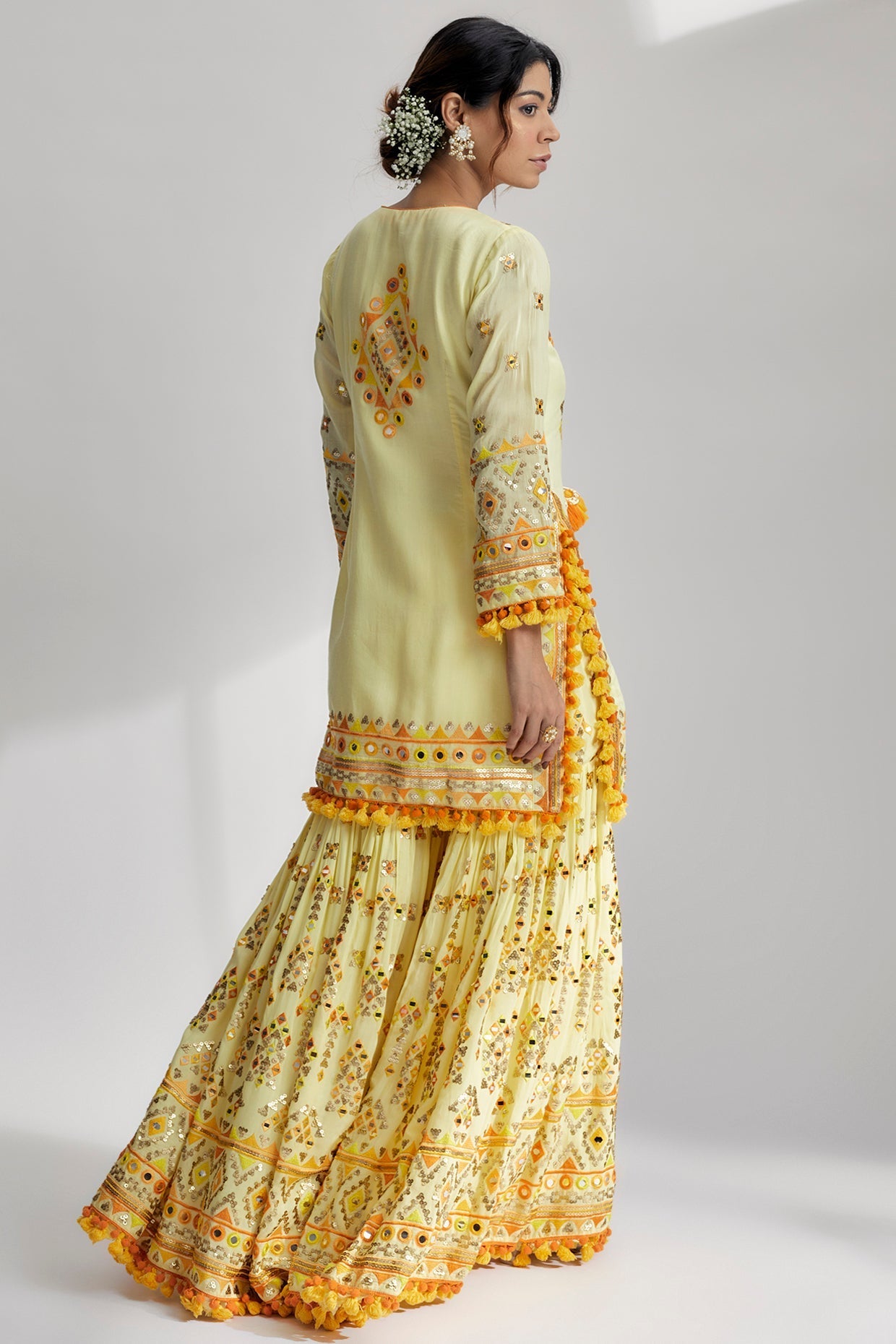 Yellow Friya Short Kurta Sharara Set- back view