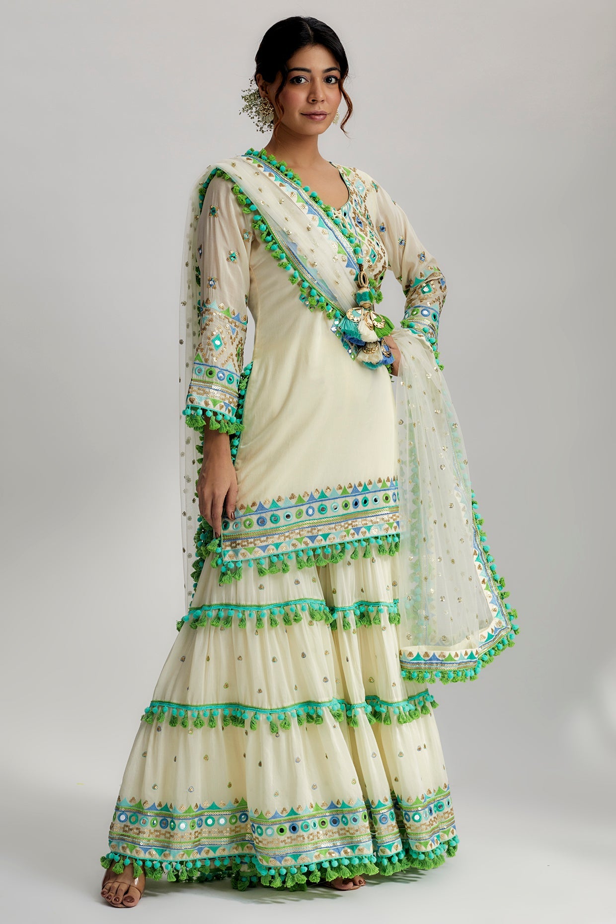 Maahika Ivory Layered Sharara Set- front view