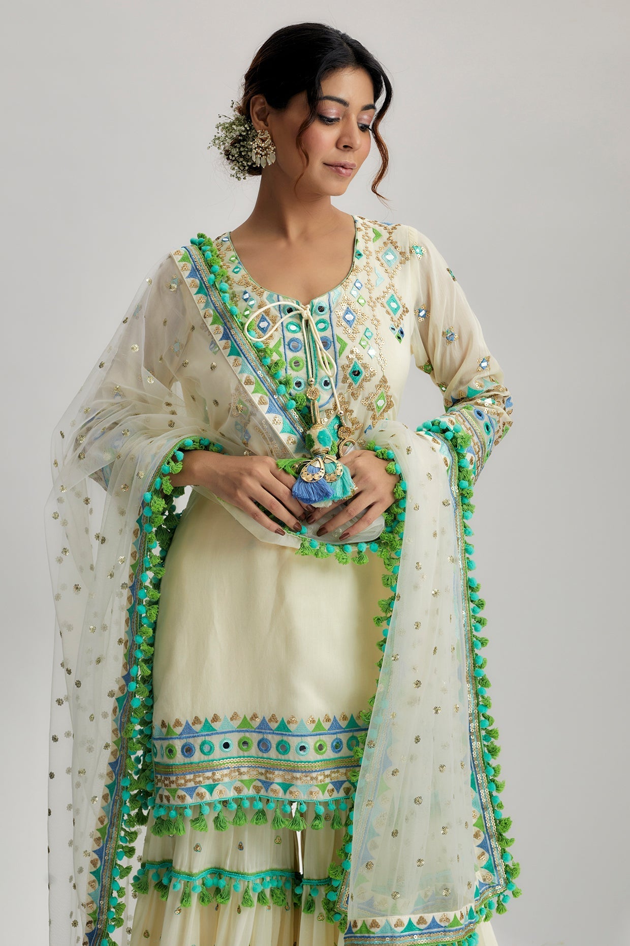 Maahika Ivory Layered Sharara Set- front view