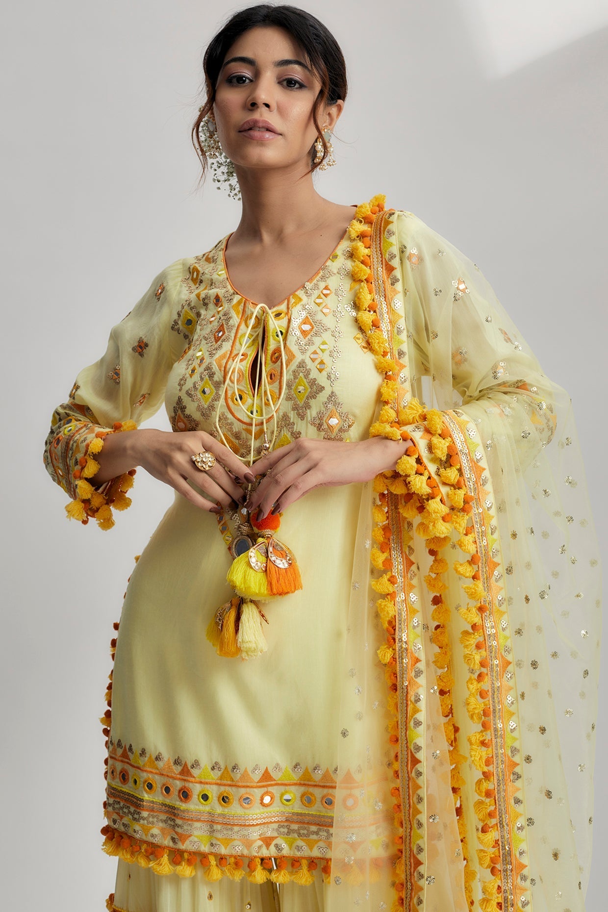 Yellow Friya Short Kurta Sharara Set- close view