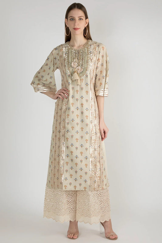 Beige Mogra Tunic Set- front view