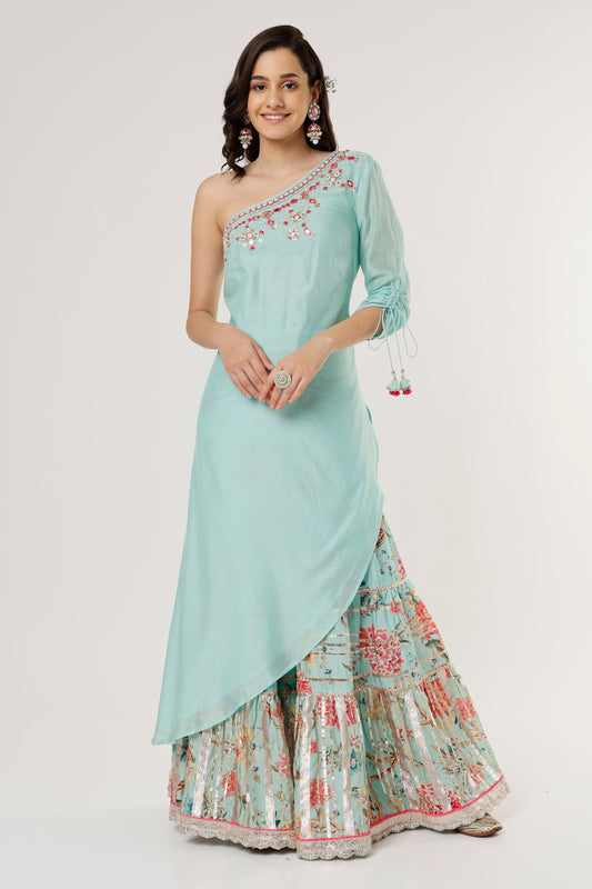 Women's Azure Blue Ashana Printed Sharara | Gopi Vaid