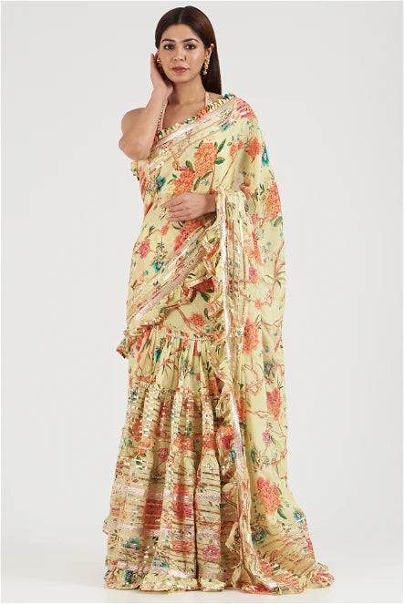 Bhumi Sunshine Yellow Floral Printed Saree | Gopi Vaid