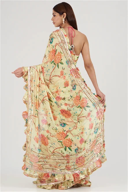 Bhumi Sunshine Yellow Floral Printed Saree | Gopi Vaid