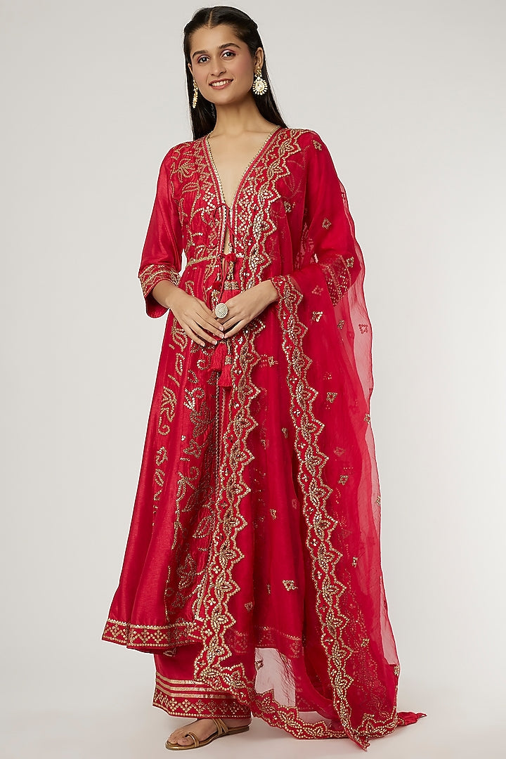 Red Ishanya Palazzo Set- front view