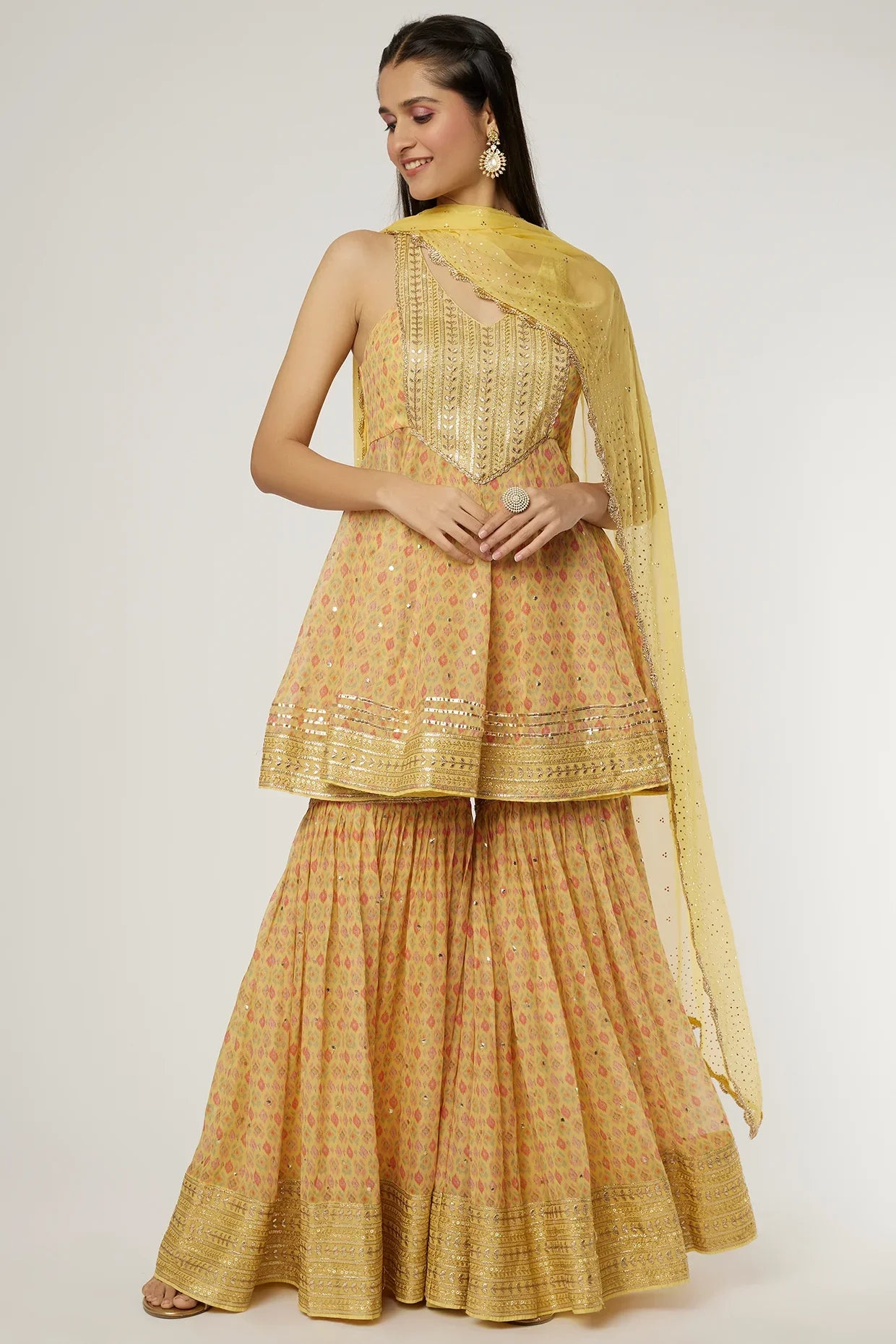 Yellow Fez Peplum Garara Set- front view