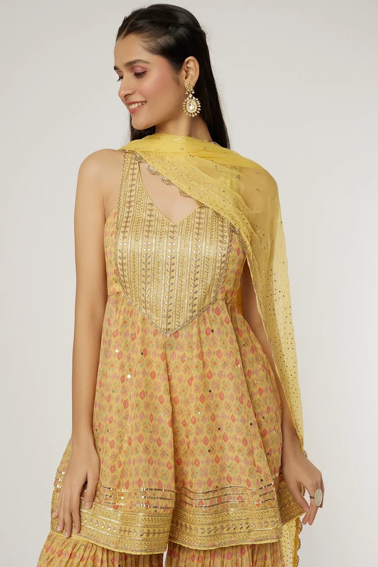 Yellow Fez Peplum Garara Set- front view