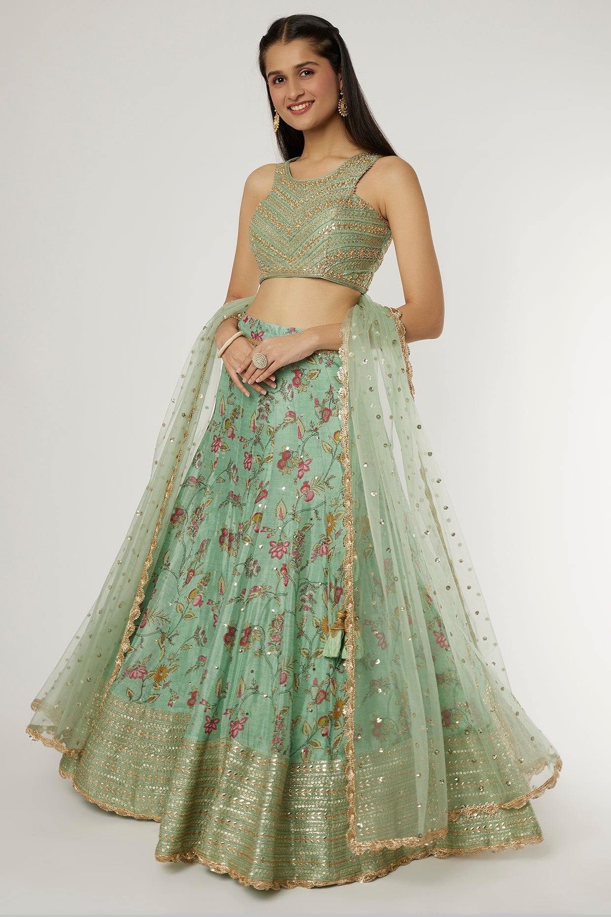 Green Chandbeli Lehenga Set- front view