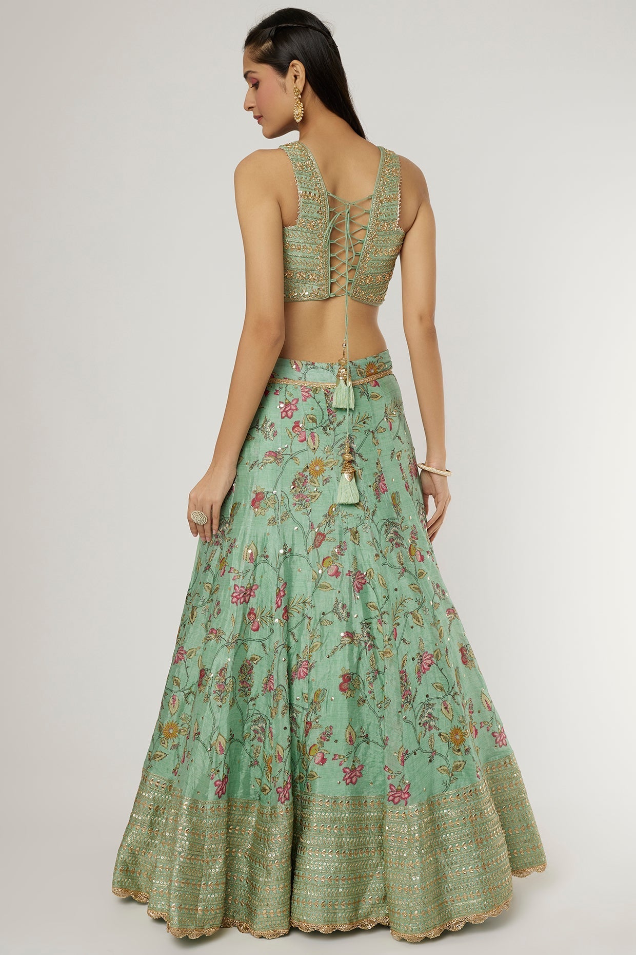 Green Chandbeli Lehenga Set- back view