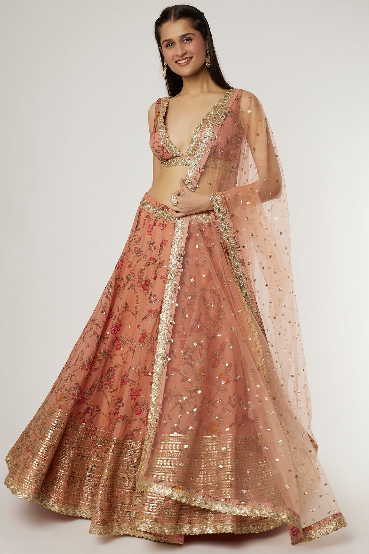 Rust Orange Chandbeli Lehenga Set- front view