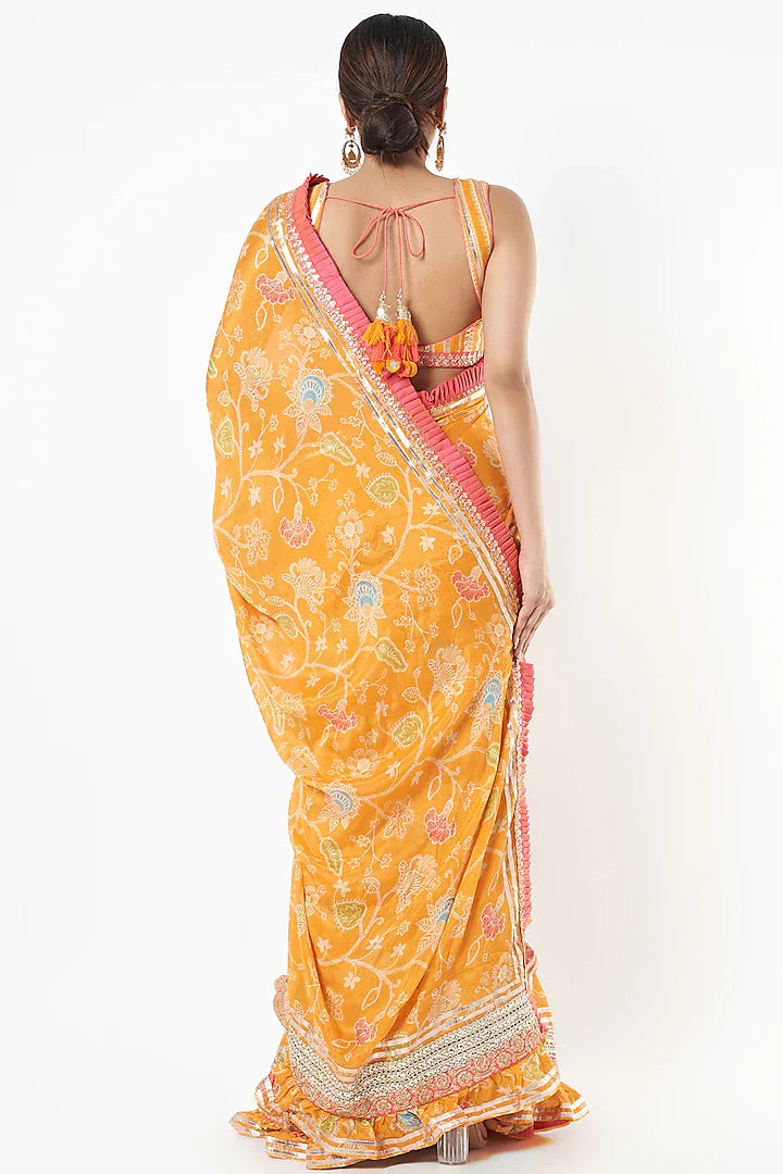 Yellow Marigold Garden Ruffle Saree Set- back view