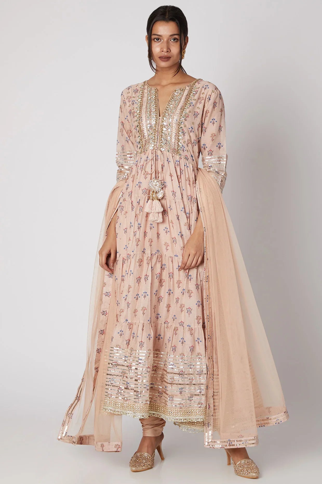 Pink Mogra Ag Tiered Churidar With Dupatta- front view