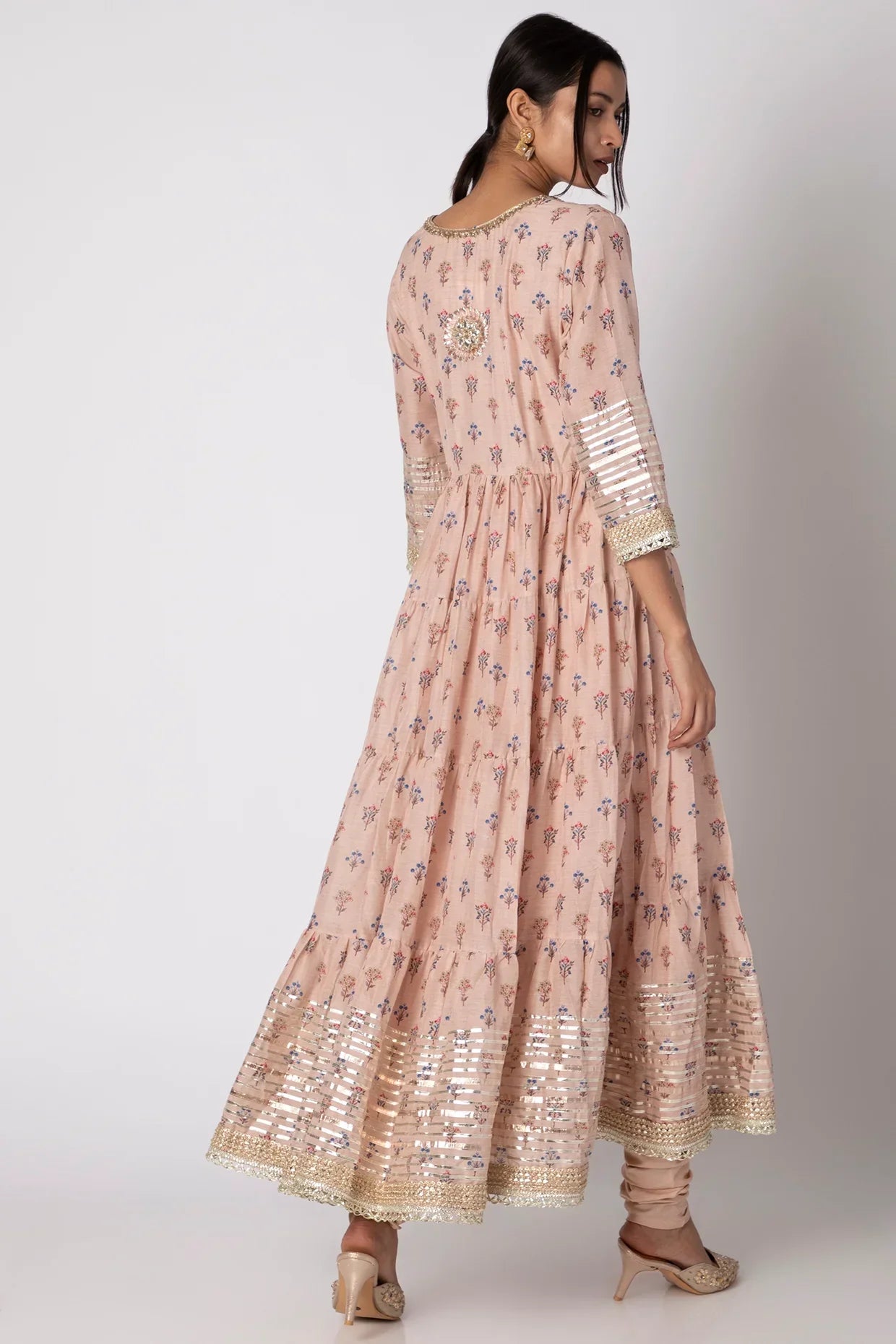 Pink Mogra Ag Tiered Churidar With Dupatta- back view