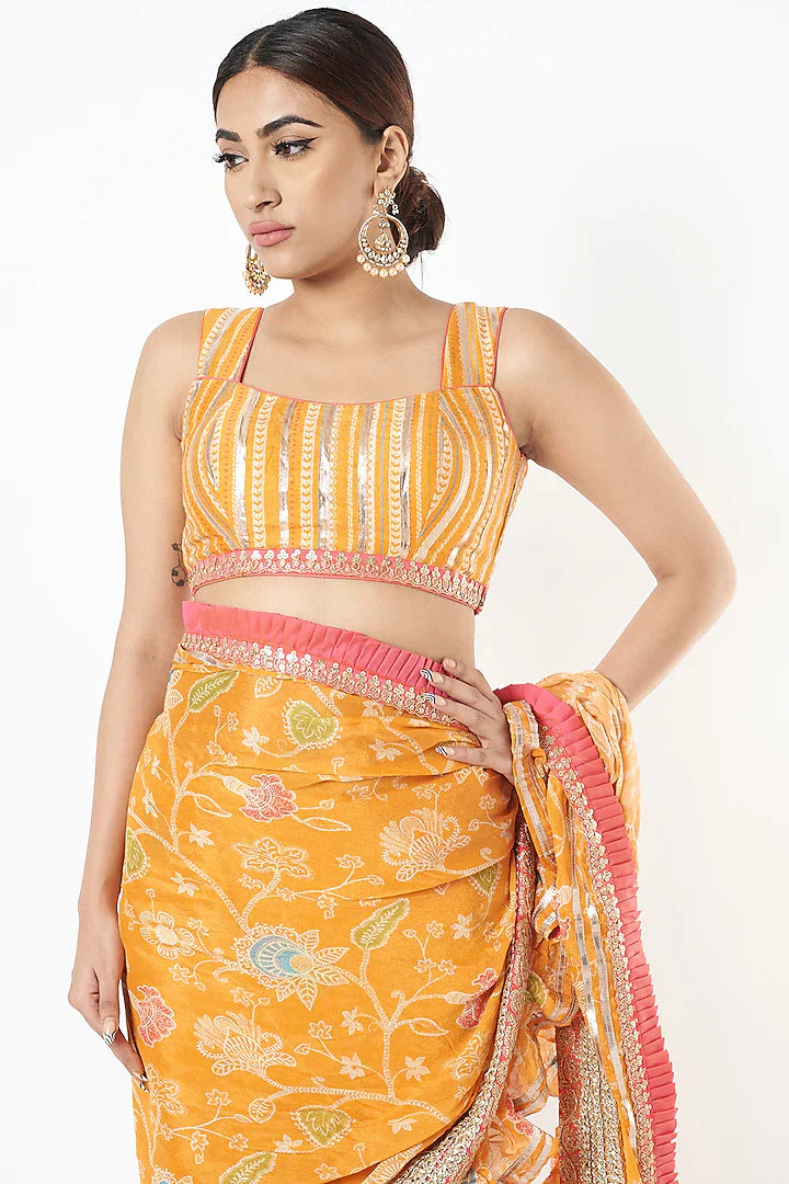 Yellow Marigold Garden Ruffle Saree Set- front view