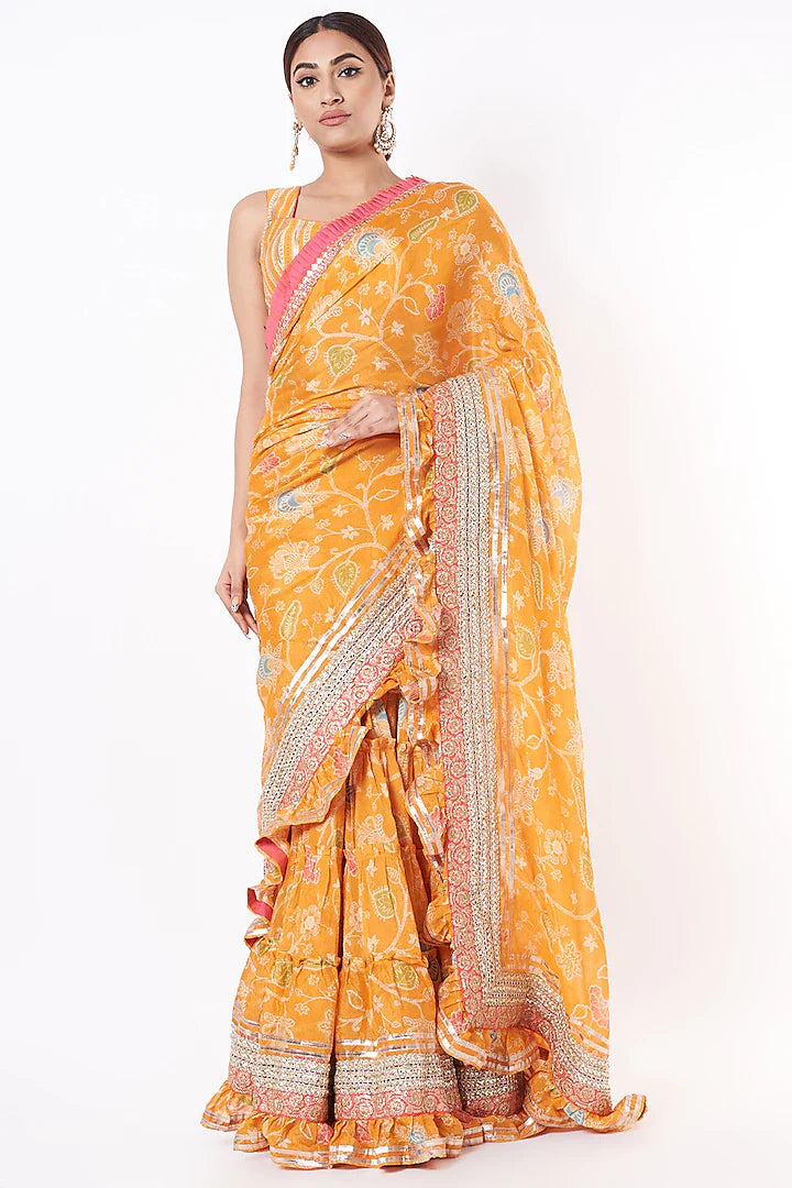 Yellow Marigold Garden Ruffle Saree Set- front view