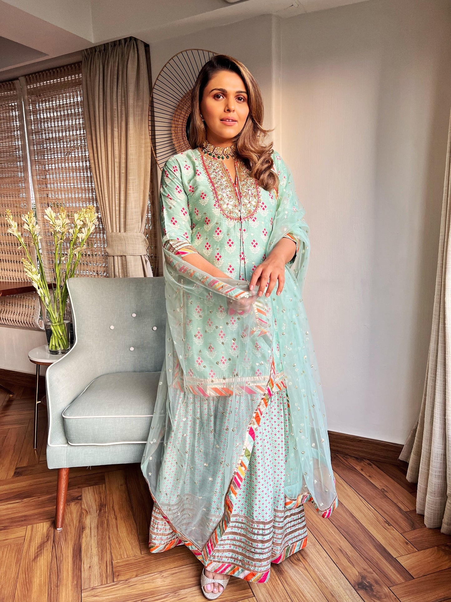 Women's Tilla Mint Embroidered Kurta Set | Gopi Vaid