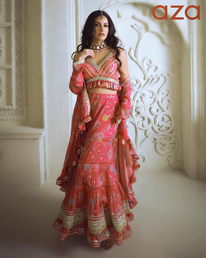 Women's Pink Marigold Garden Jacket Sharara Set