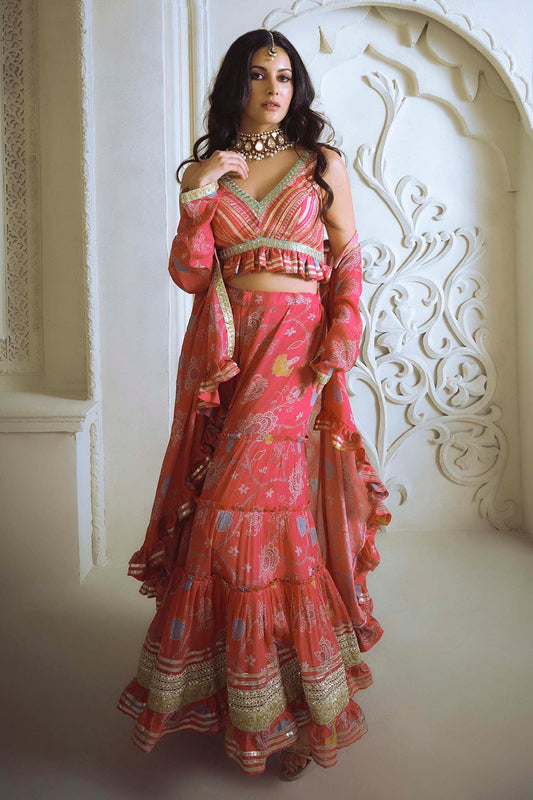 Women's Pink Marigold Garden Jacket Sharara Set