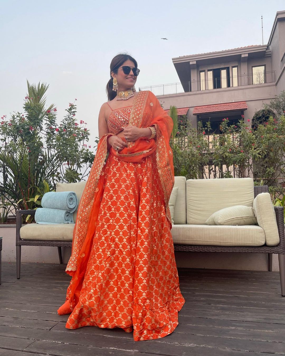 Nidhi Kulra in Marigold Brocade Strappy Lehenga Set