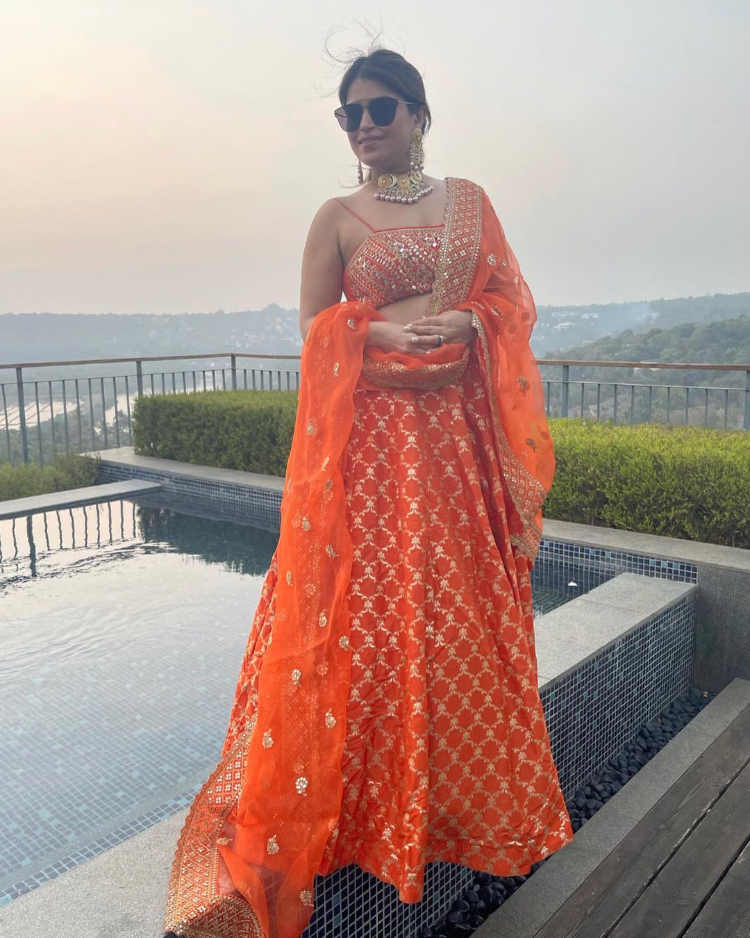 Nidhi Kulra in Marigold Brocade Strappy Lehenga Set