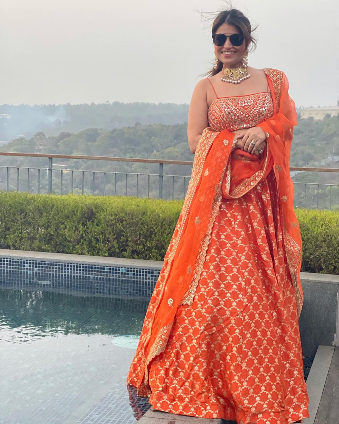 Nidhi Kulra in Marigold Brocade Strappy Lehenga Set