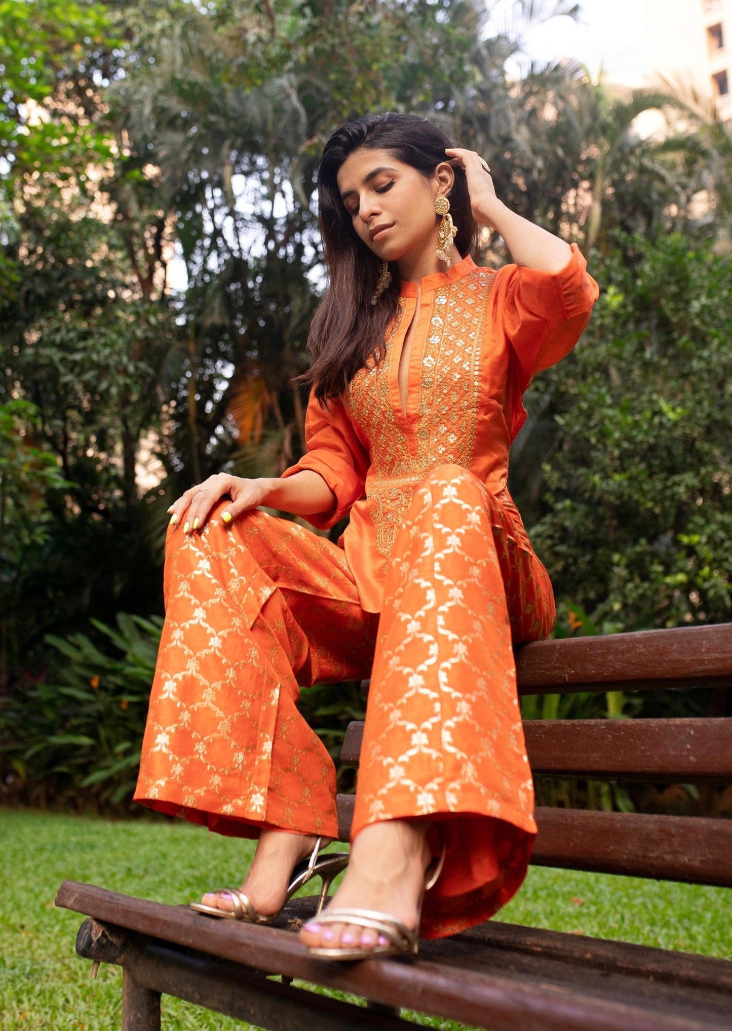 Prerna Mehra In Marigold Brocade Shirt Pant Set