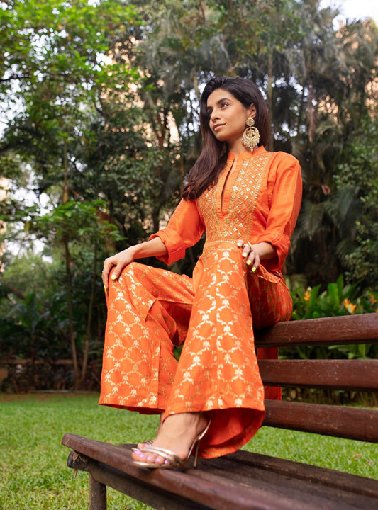 Prerna Mehra In Marigold Brocade Shirt Pant Set