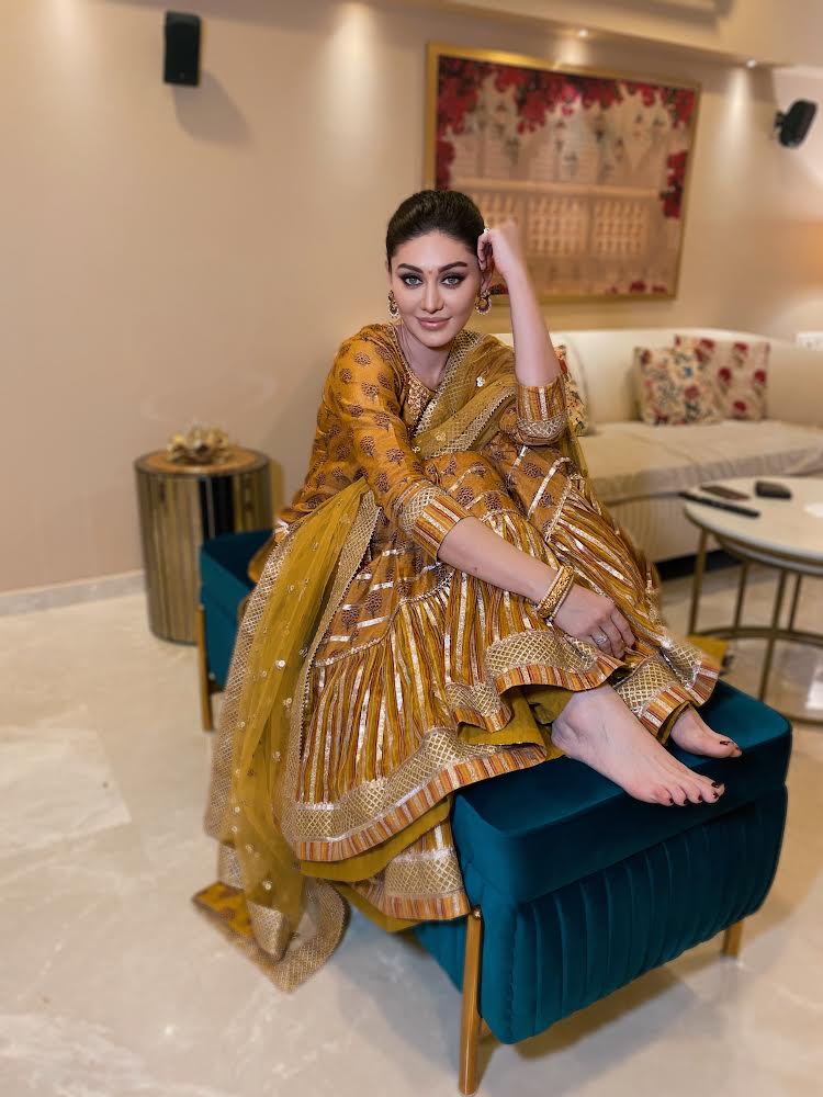 Shefali Jariwala in Marigold Buti Sharara Set