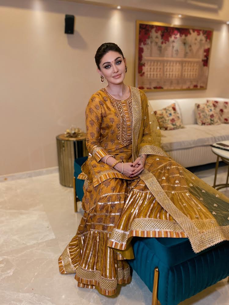 Shefali Jariwala in Marigold Buti Sharara Set