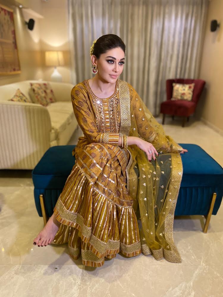 Shefali Jariwala in Marigold Buti Sharara Set