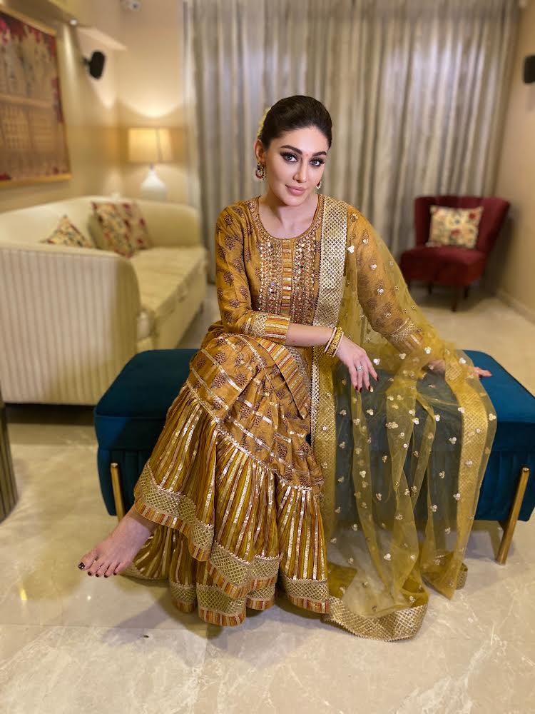 Shefali Jariwala in Marigold Buti Sharara Set