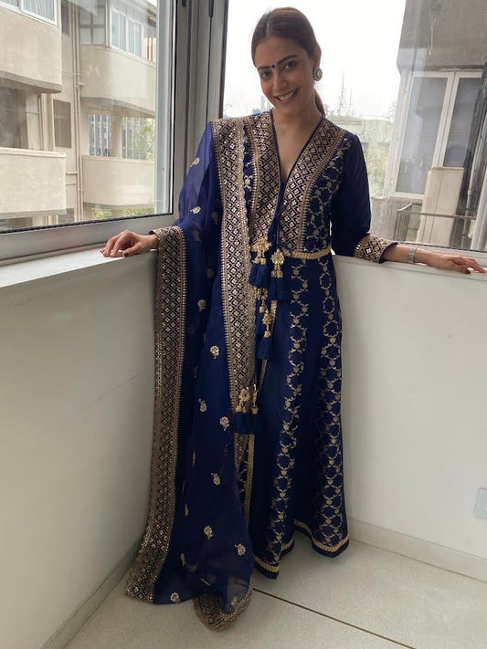 Nisha Aggarwal in Marigold Brocade FO with Sharara