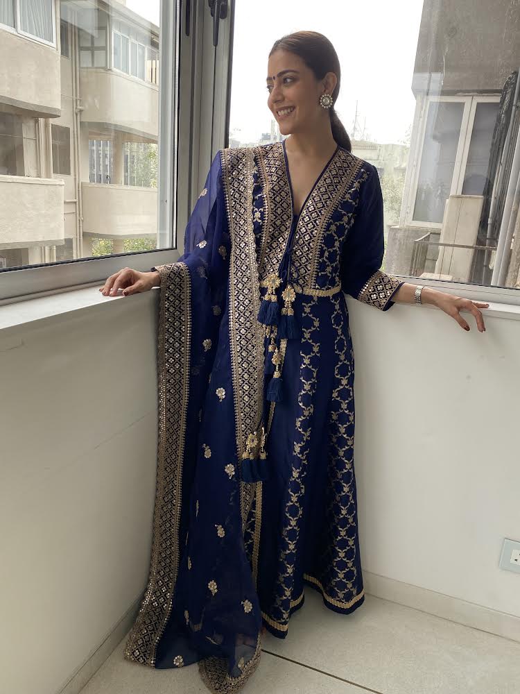 Nisha Aggarwal in Marigold Brocade FO with Sharara