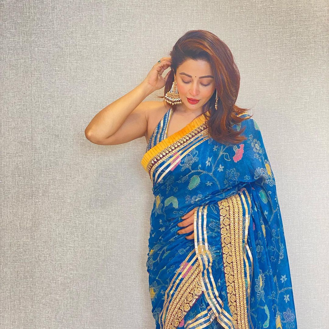 Neha Pendse in Marigold Garden Ruffle Saree