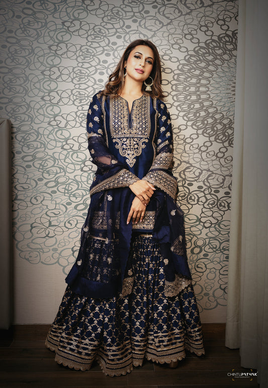 Navy Marigold Brocade Short Garara Set- front view