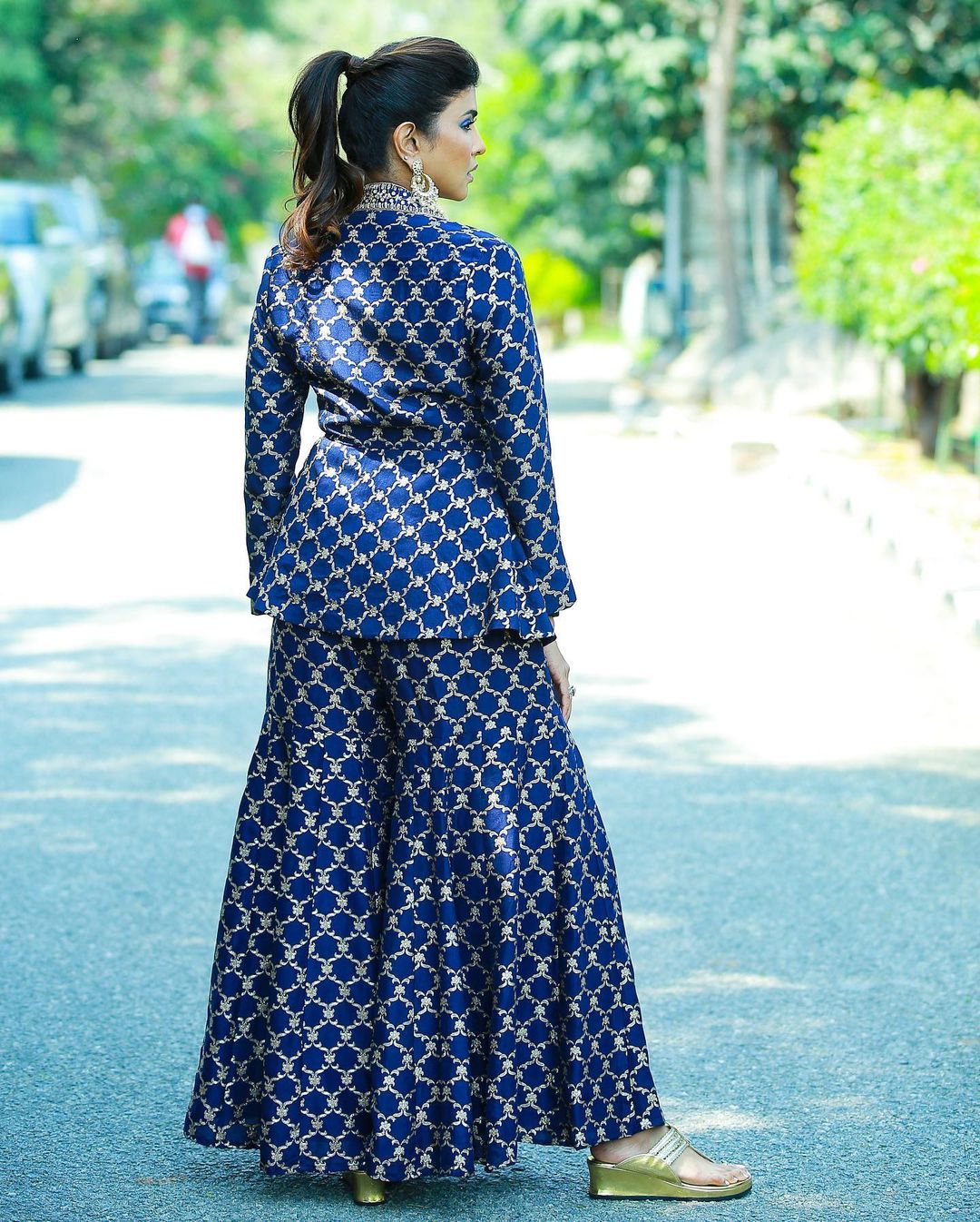 Navy Marigold Brocade Co-ord Set- back view